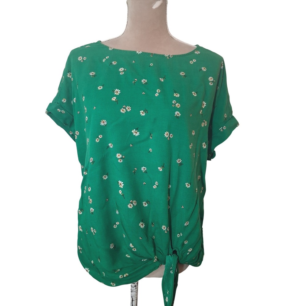 Beachlunchlounge Green Daisy Floral Tie Front Short Sleeve Blouse Large